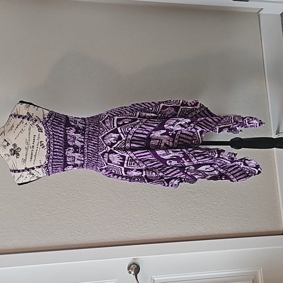 Boho Ruched Print Purple & White Spaghetti Strap Handkerchief Hem Sun Dress - Picture 4 of 4